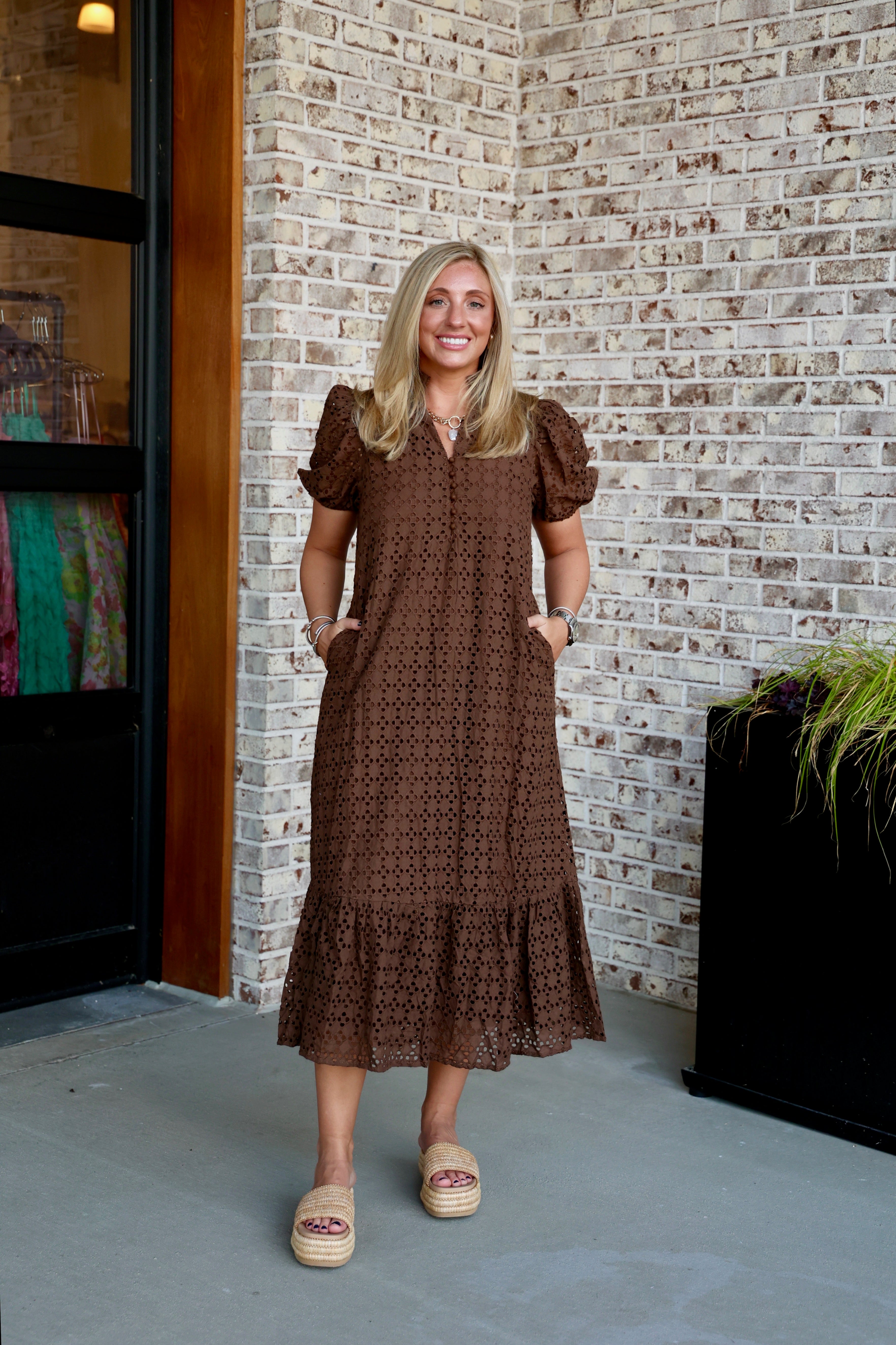 Holland Eyelet Puff Sleeve Midi Dress