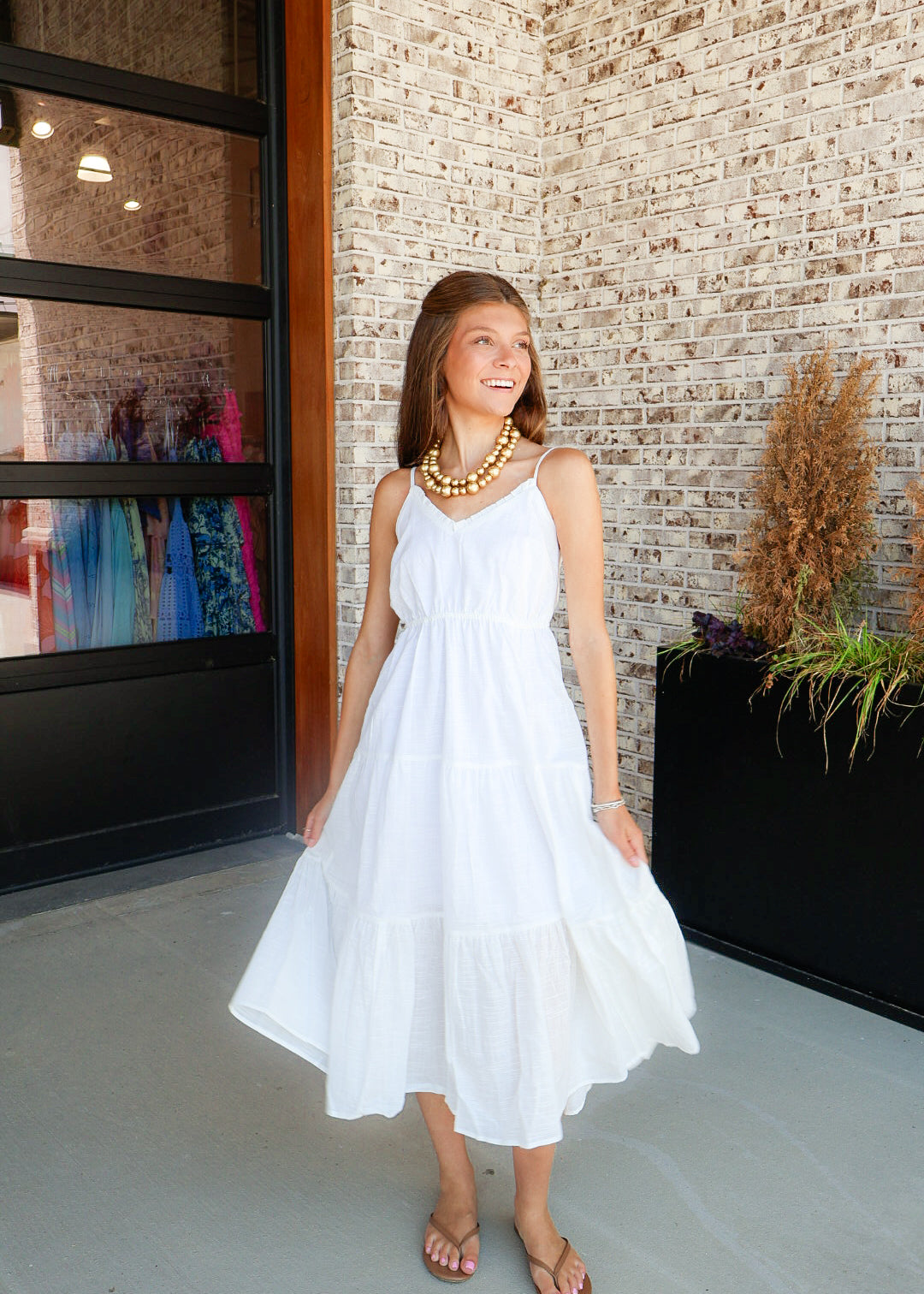 White Woven Tiered Midi Dress