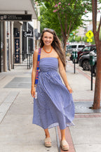 Allison Strapless Striped Maxi Dress in Denim Blue