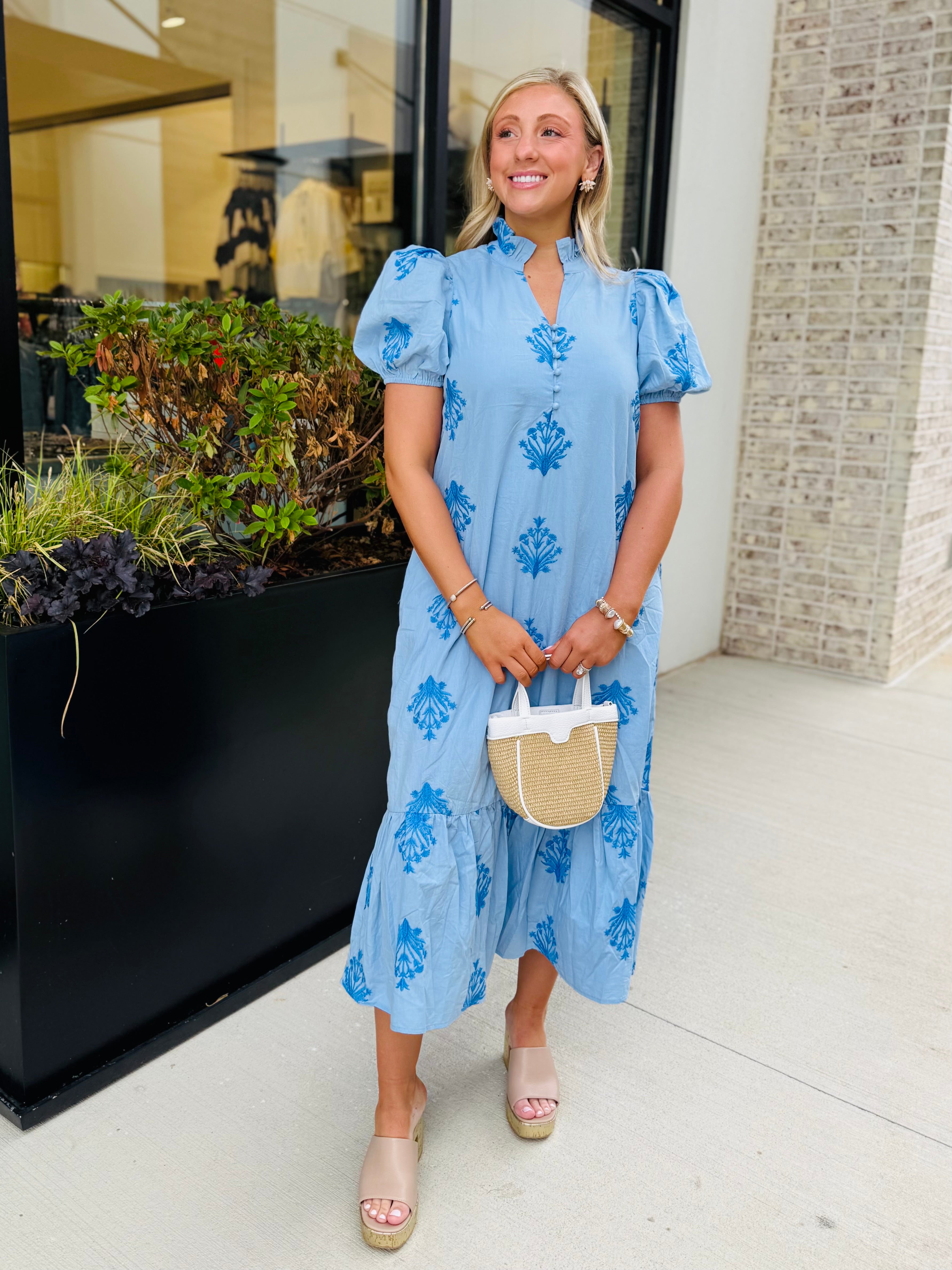 Sutton Embroidered Ruffle Midi Dress