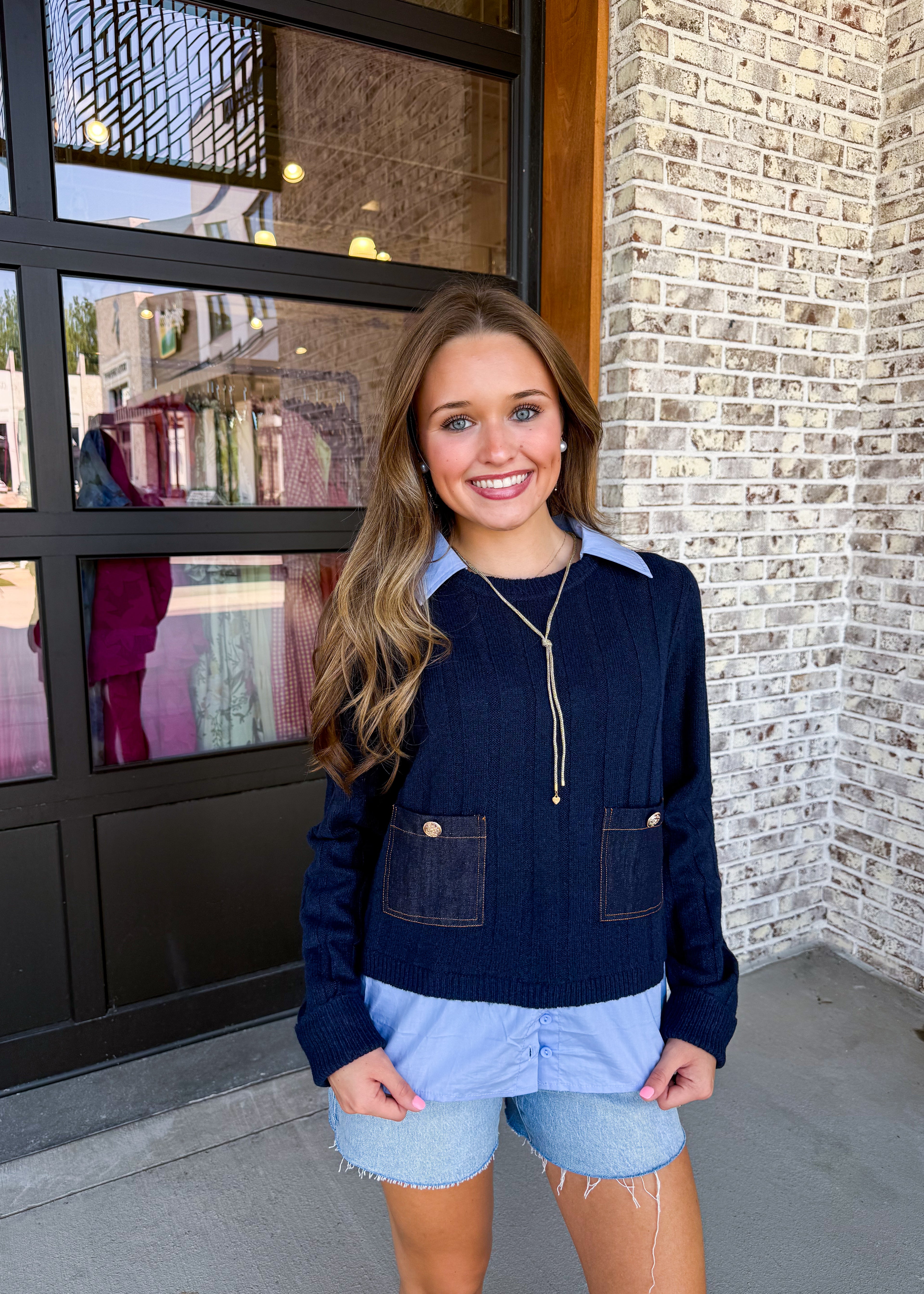 Liza Denim Pocket Cropped Sweater