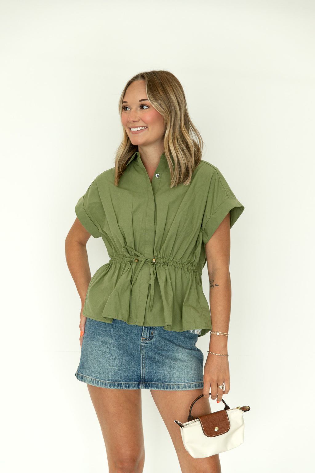 Camille Cinch Waist Button Down in Olive