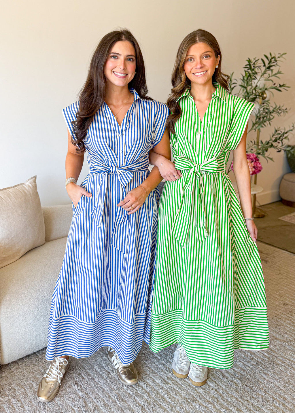 Sleeveless Stripe Tie Waist Midi Dress