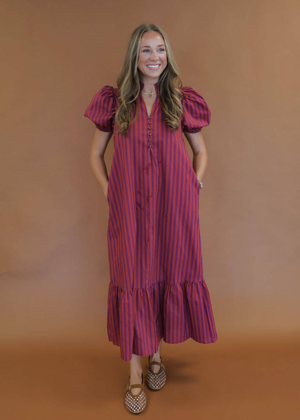 Elise Striped Maxi Dress in Plum