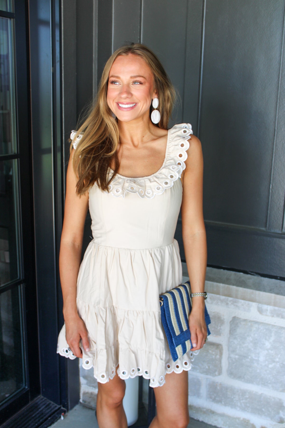 scallop mini dress Calla Made from our luxe CAMEO Color:Silver Stone/ Gold Backing Empire Waist Velvet Mini