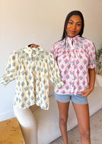 Printed Smocked Sleeve Top