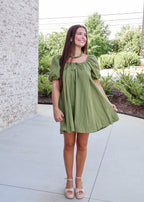 Meredith Babydoll Mini Dress in Olive