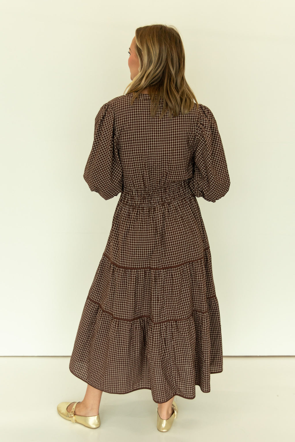 Checkered Puff Sleeve Tiered Dress