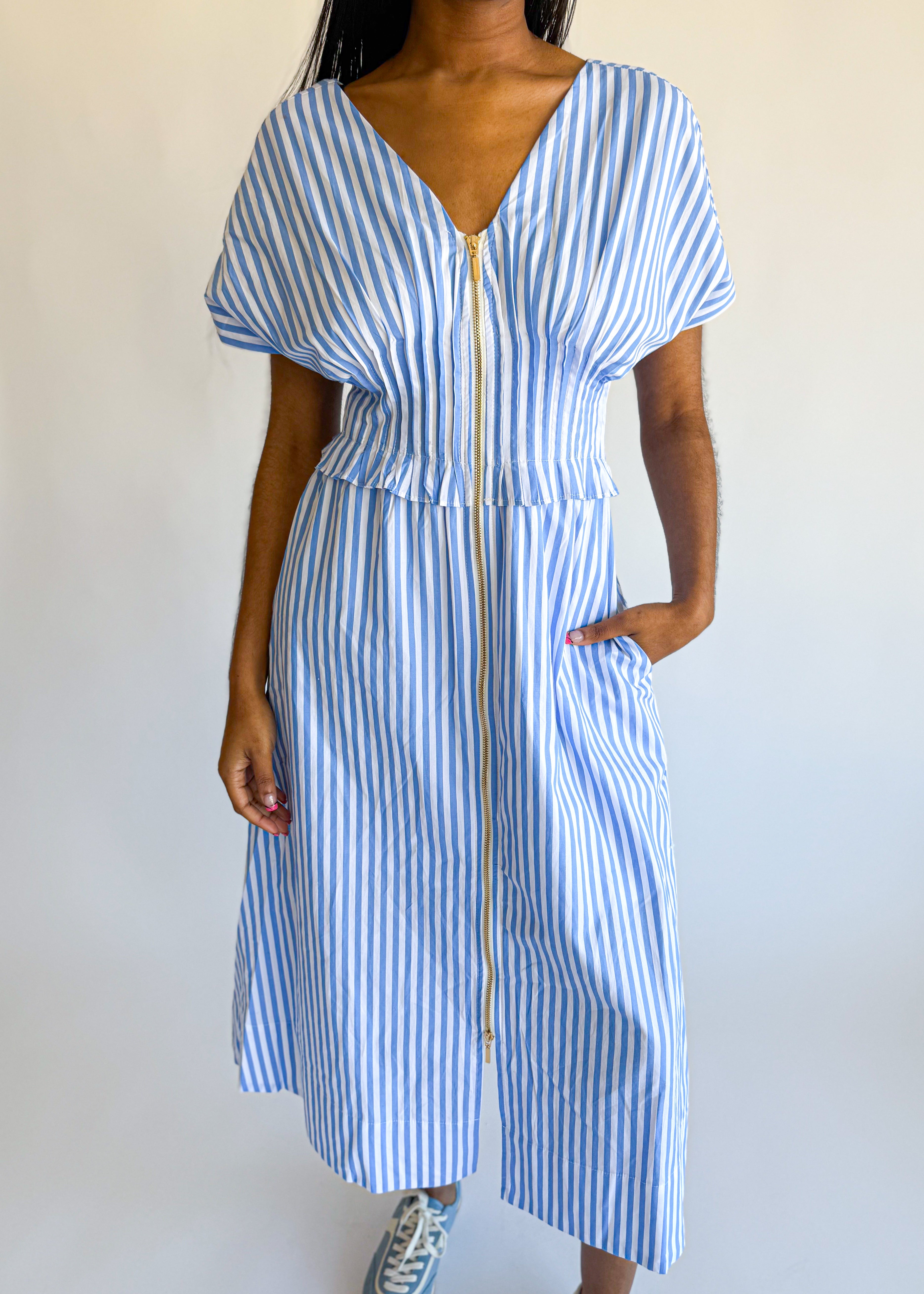 Stripe V Neck Midi Dress