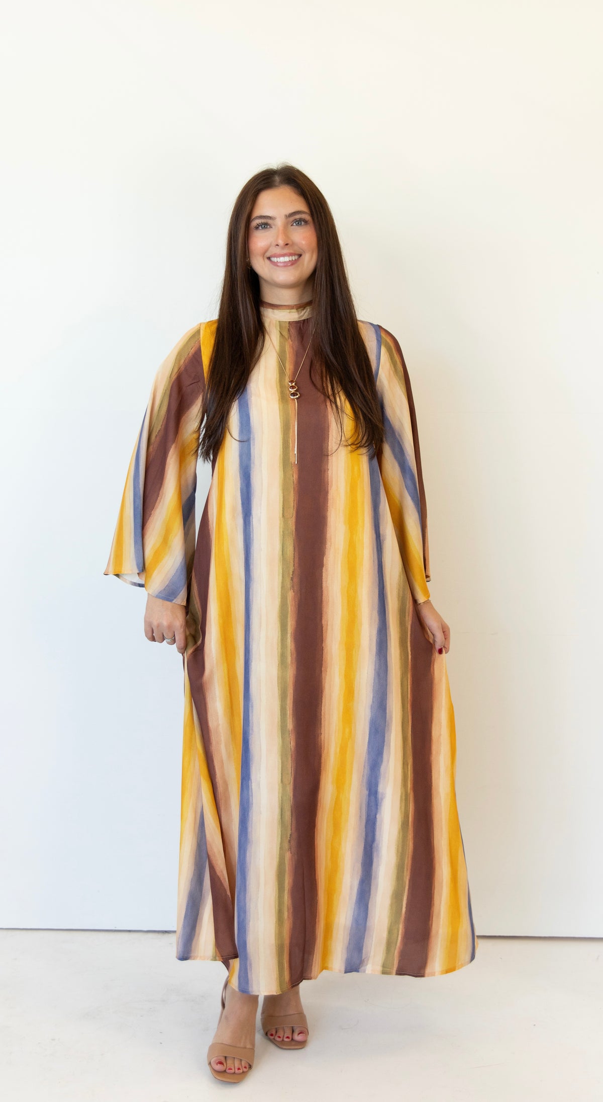 Watercolor Striped Tie Neck Maxi Dress