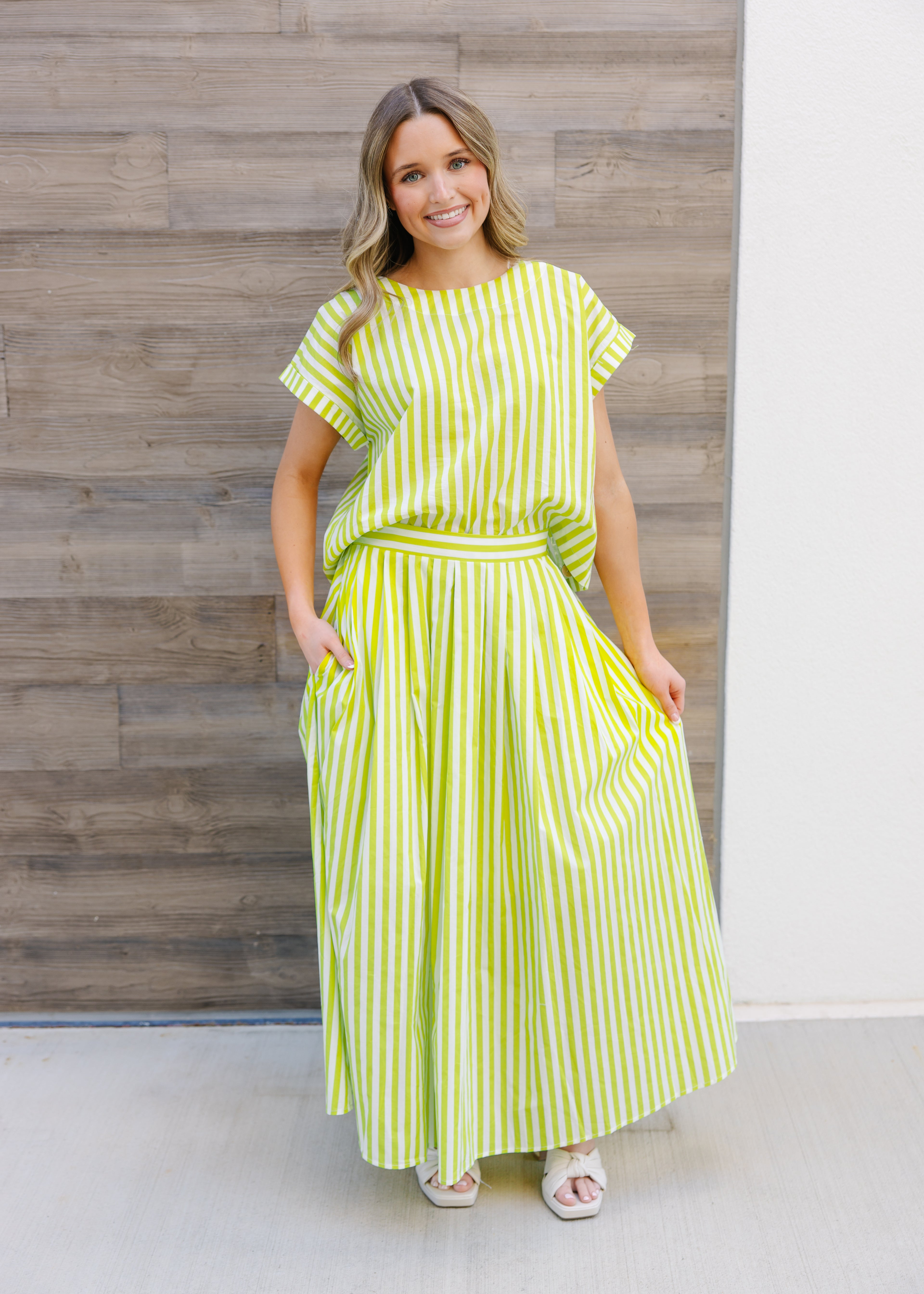 Monroe Pleated Stripe Midi Skirt