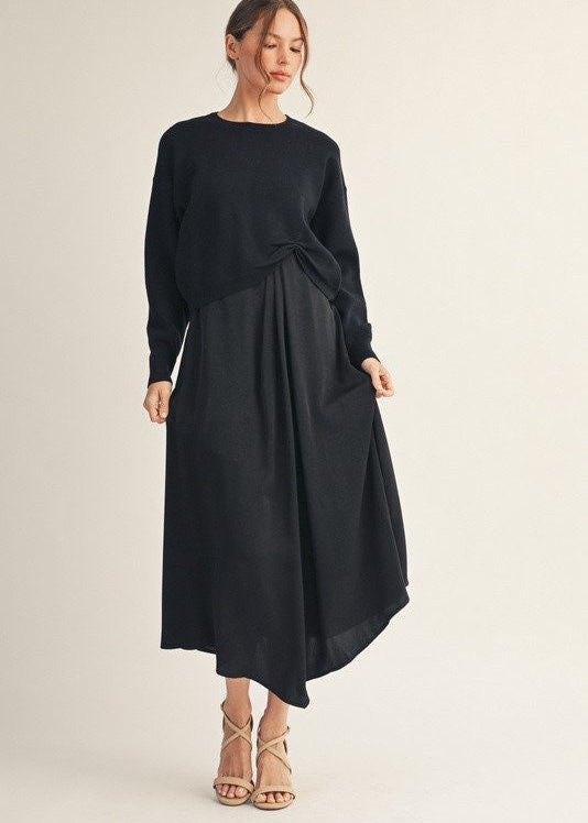 Soft Knit Sweater and Pleated Maxi Dress Set - M-Sweater Only / Black Soft Knit Sweater and Pleated Maxi Dress Set - M-Sweater Only / Black