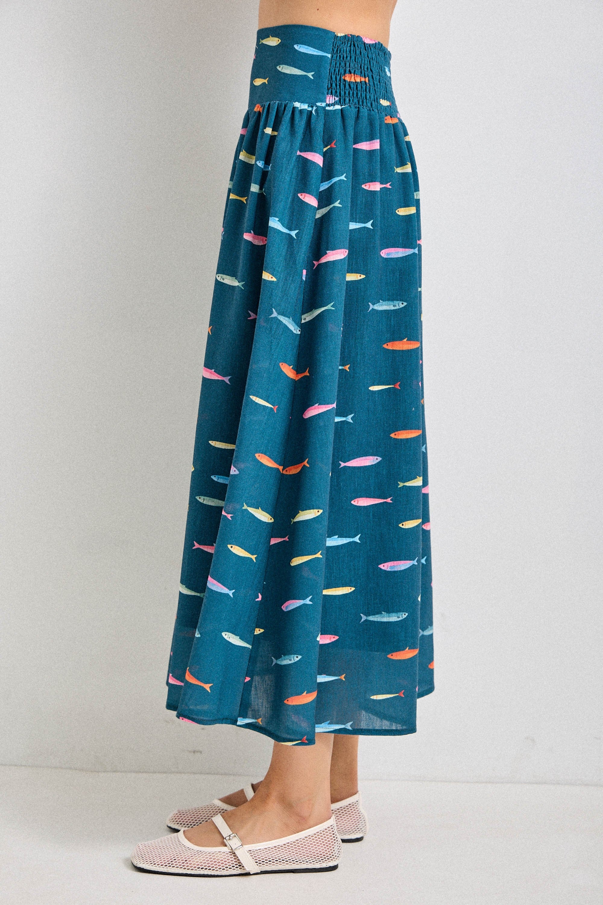 Emelia Fish Print Midi Skirt