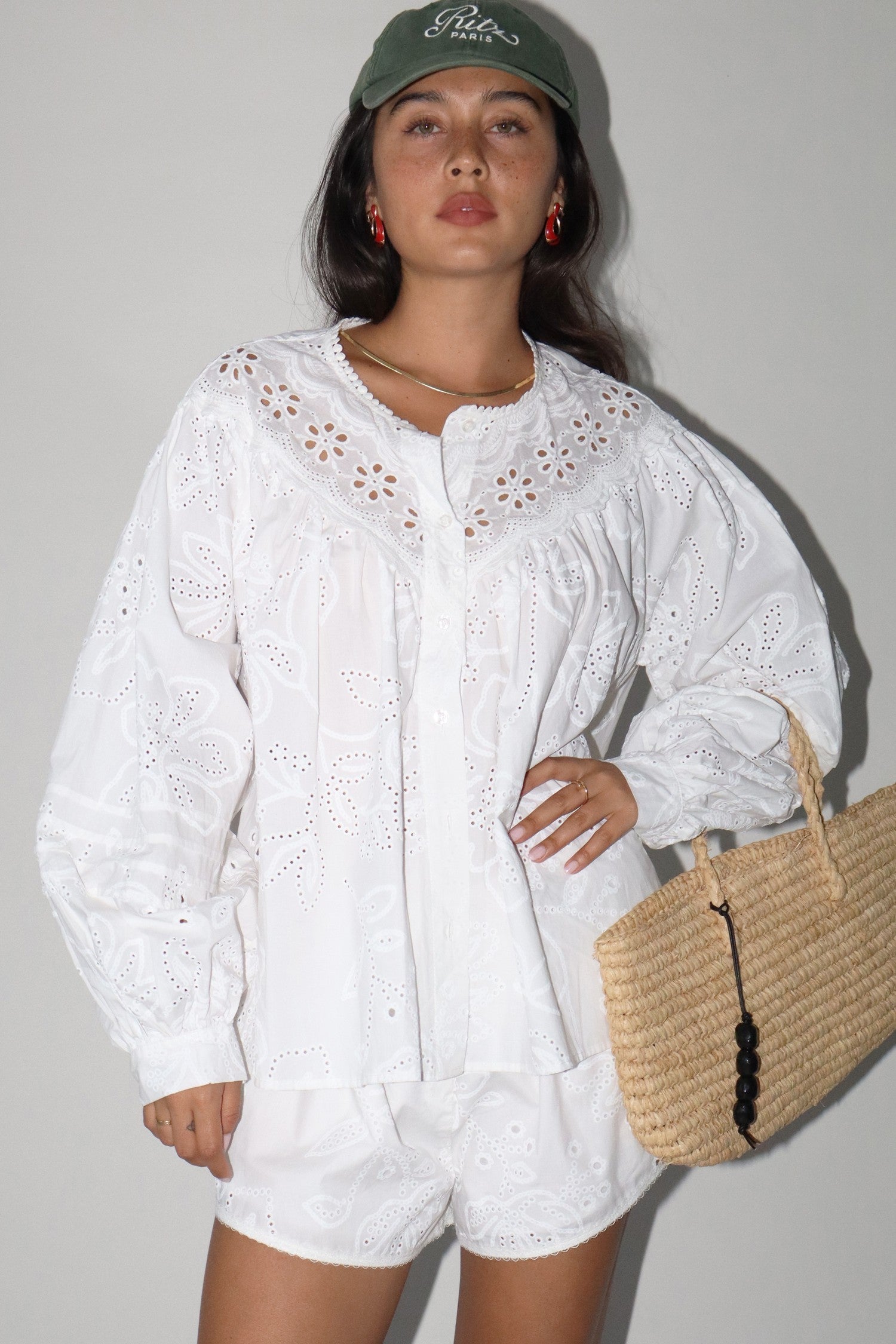 Eyelet Cotton Long Sleeve Blouse