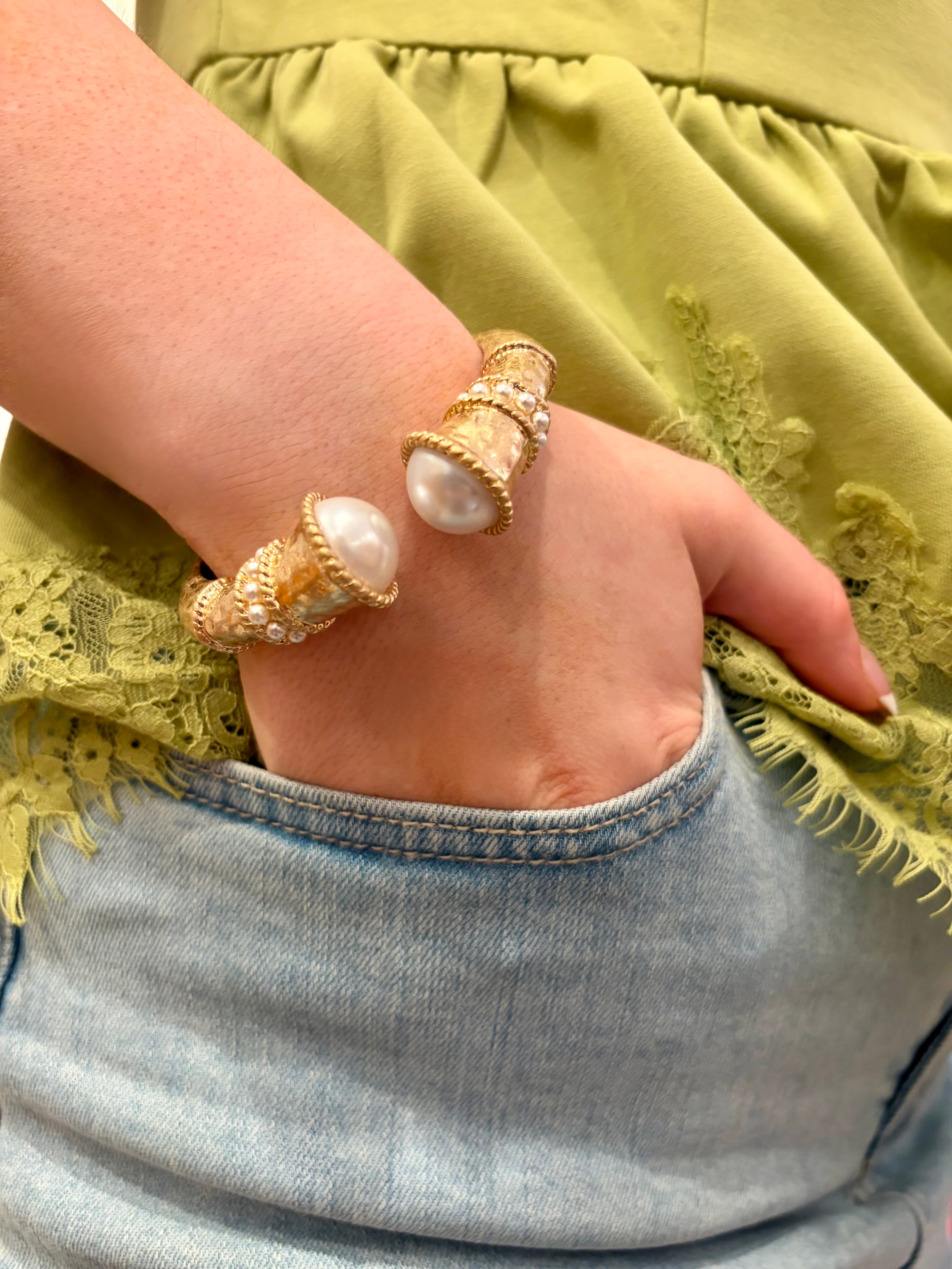 Rowan Pearl End Hammered Hinge Bracelet