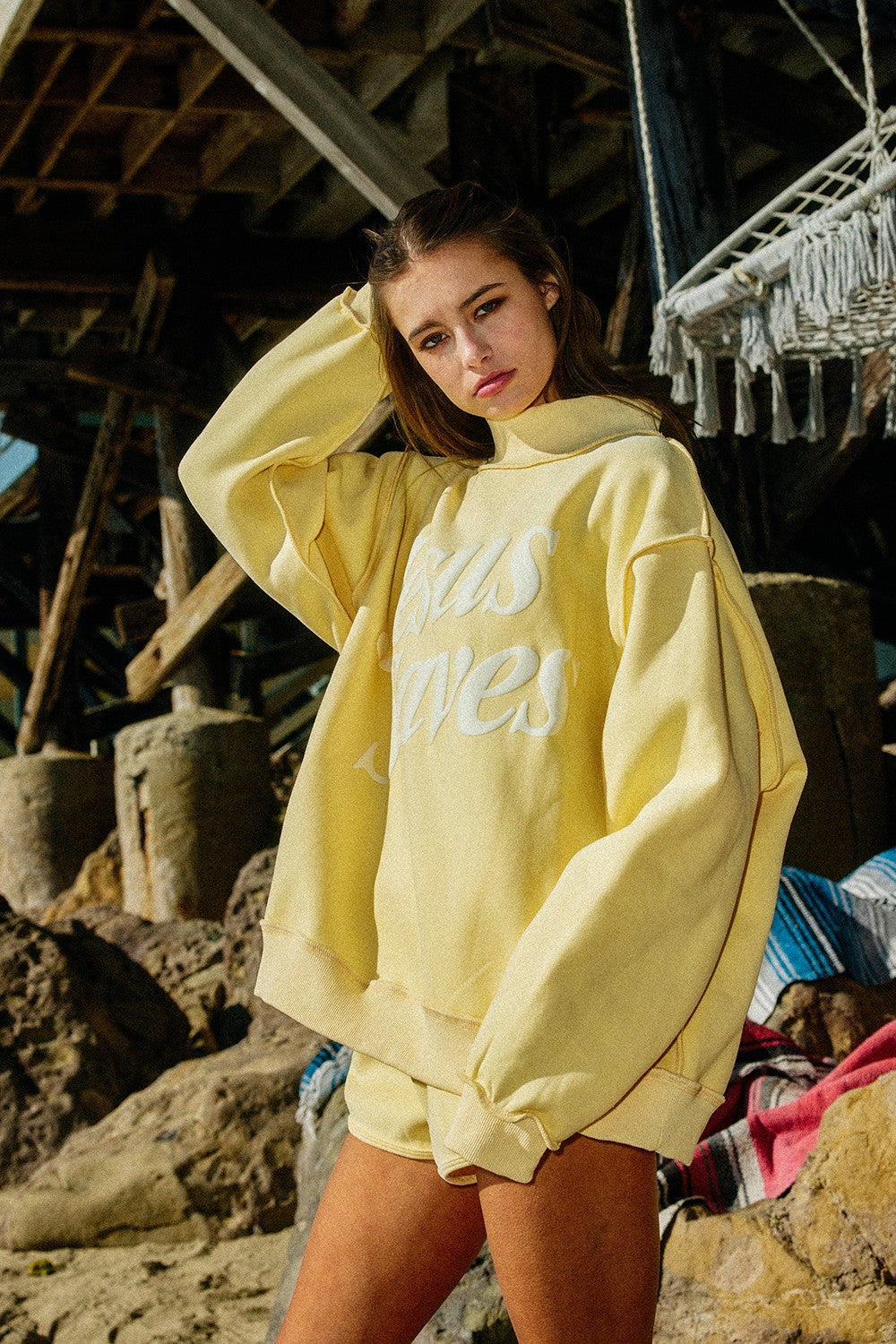 Jesus Saves Print Mock Neck Sweatshirt