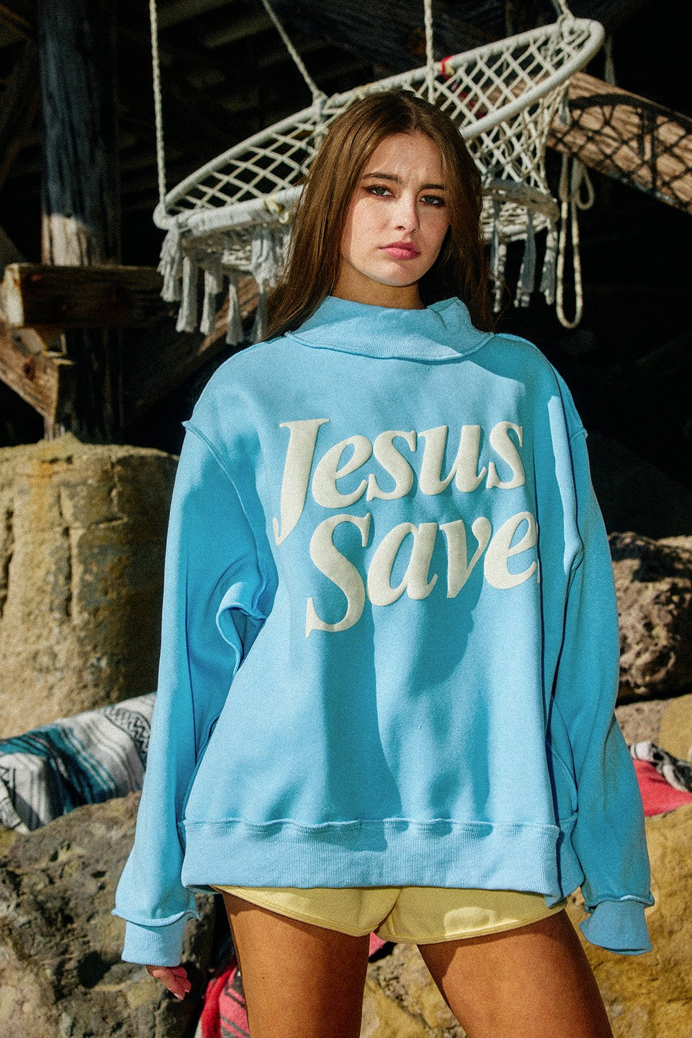 PREORDER Jesus Saves Print Mock Neck Sweatshirt