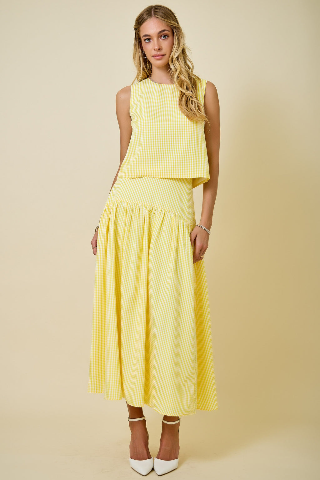 Avery Gingham Sleeveless Top & Midi Skirt Set