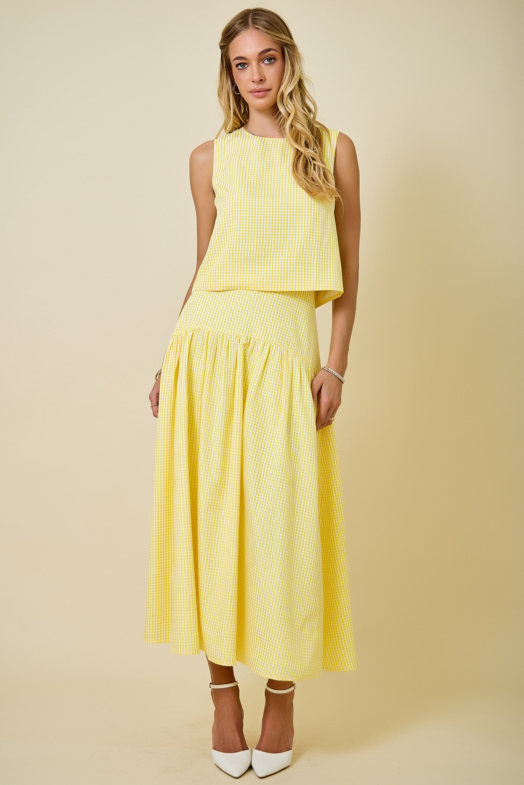 Avery Gingham Sleeveless Top & Midi Skirt Set
