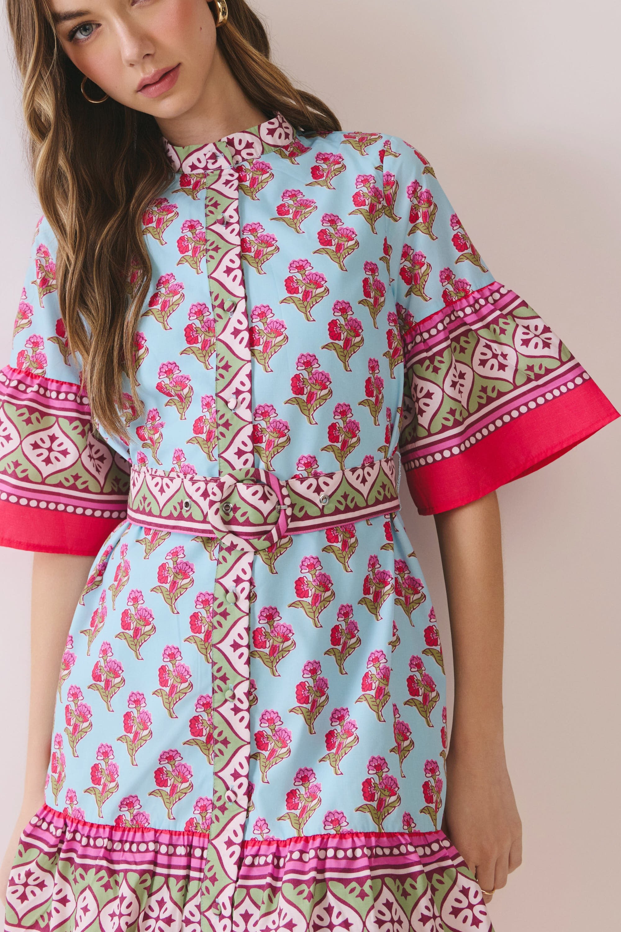 Isla Block Print Belted Mini Dress