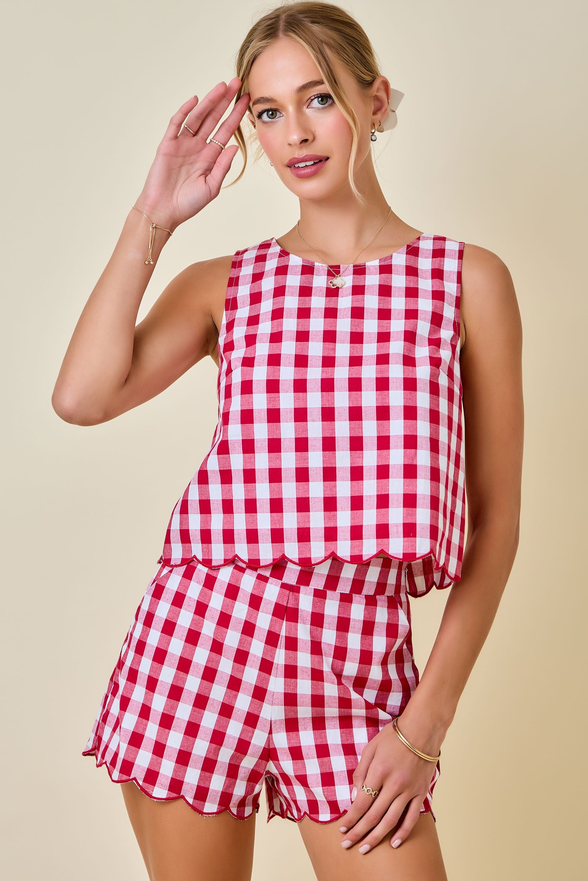 Liana Gingham Scalloped Top