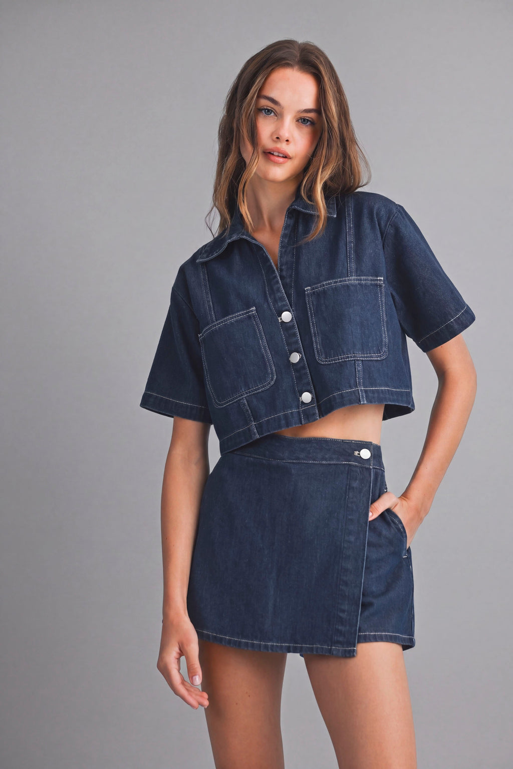 Aryana Denim Collar Shirt And Skort Set
