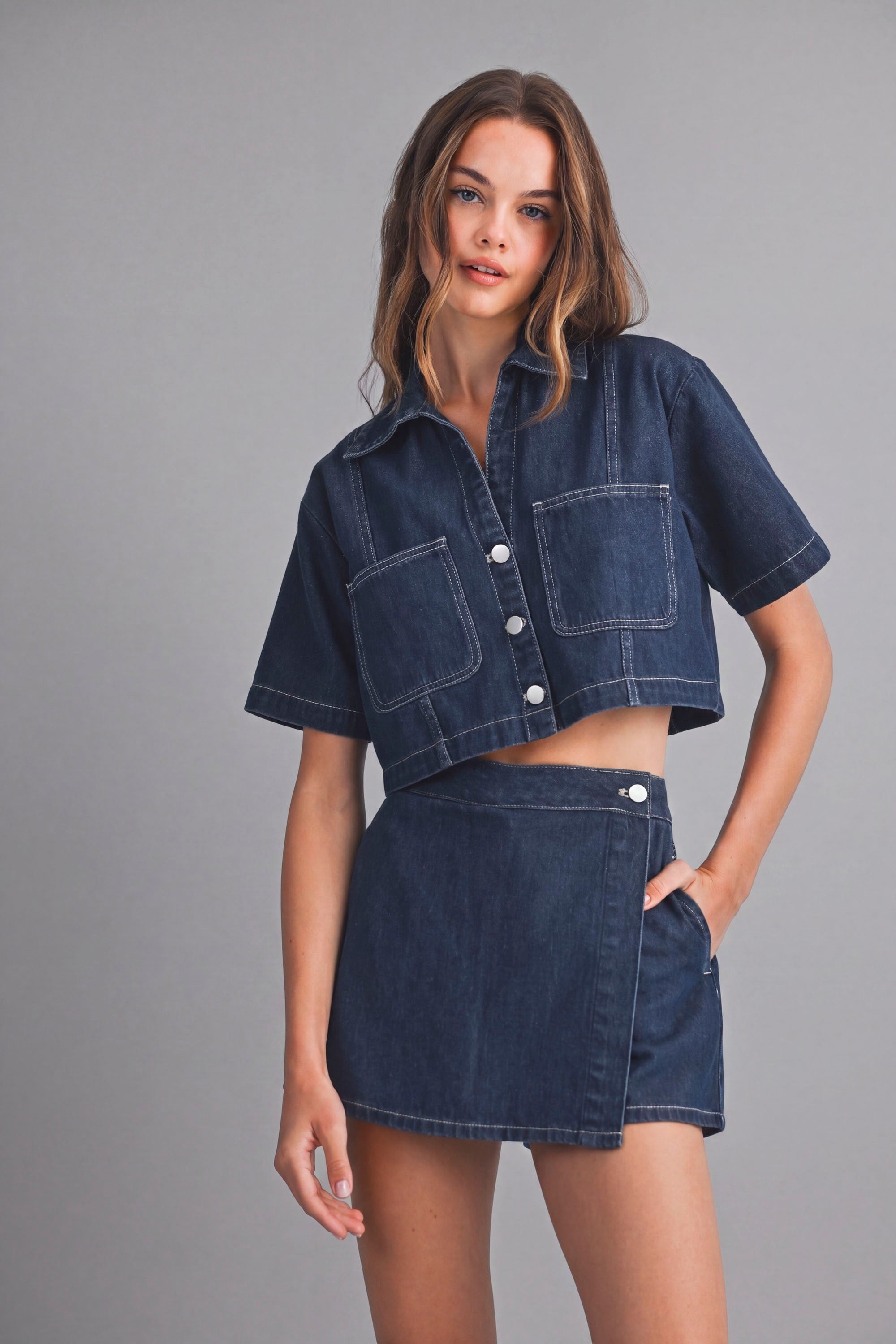 Aryana Denim Collar Shirt And Skort Set