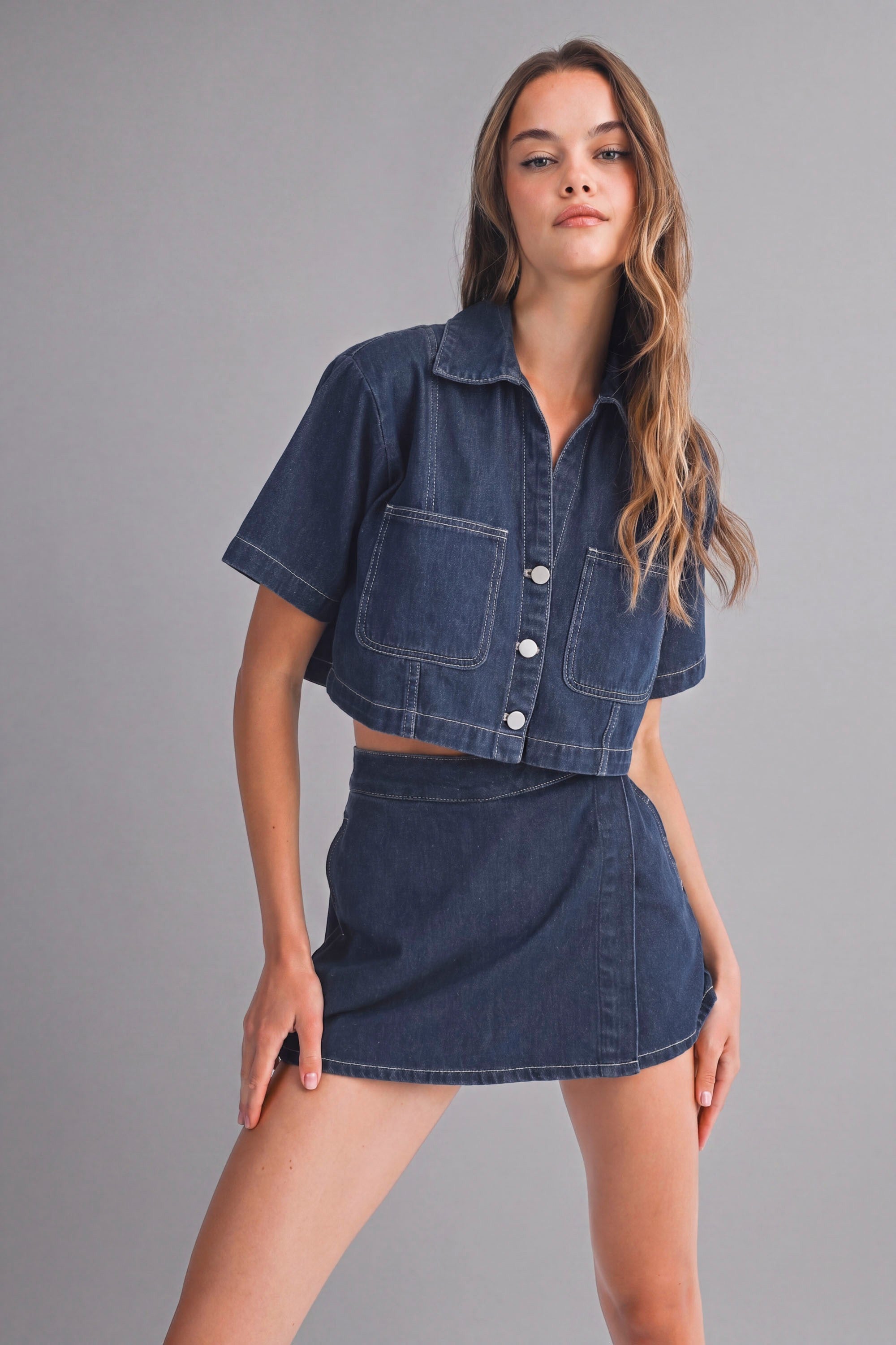 Aryana Denim Collar Shirt And Skort Set