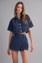 Aryana Denim Collar Shirt And Skort Set