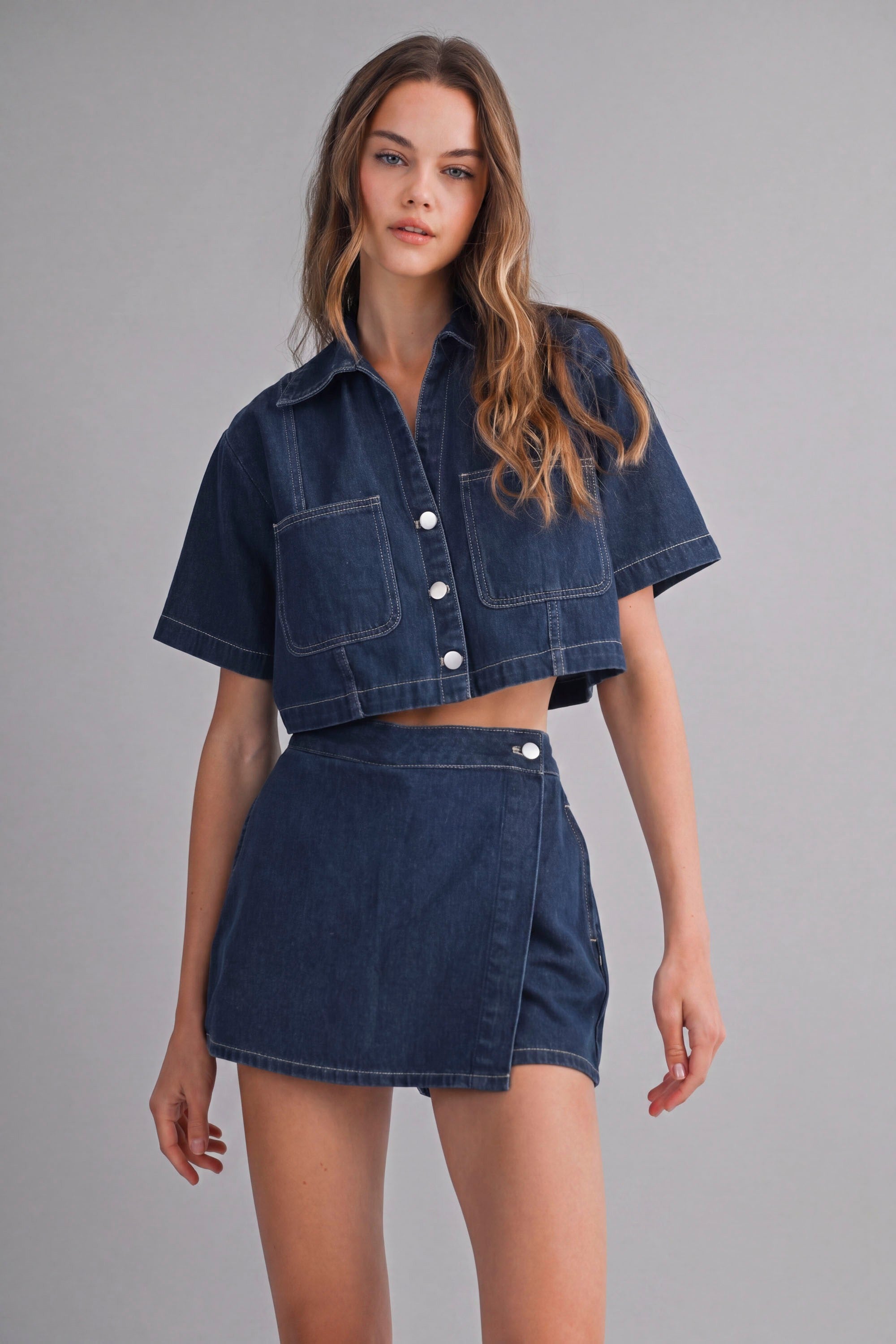 Aryana Denim Collar Shirt And Skort Set