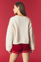 Holiday Embroidery Rolled Edge Sweater