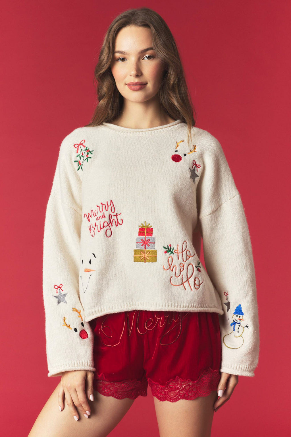 Holiday Embroidery Rolled Edge Sweater