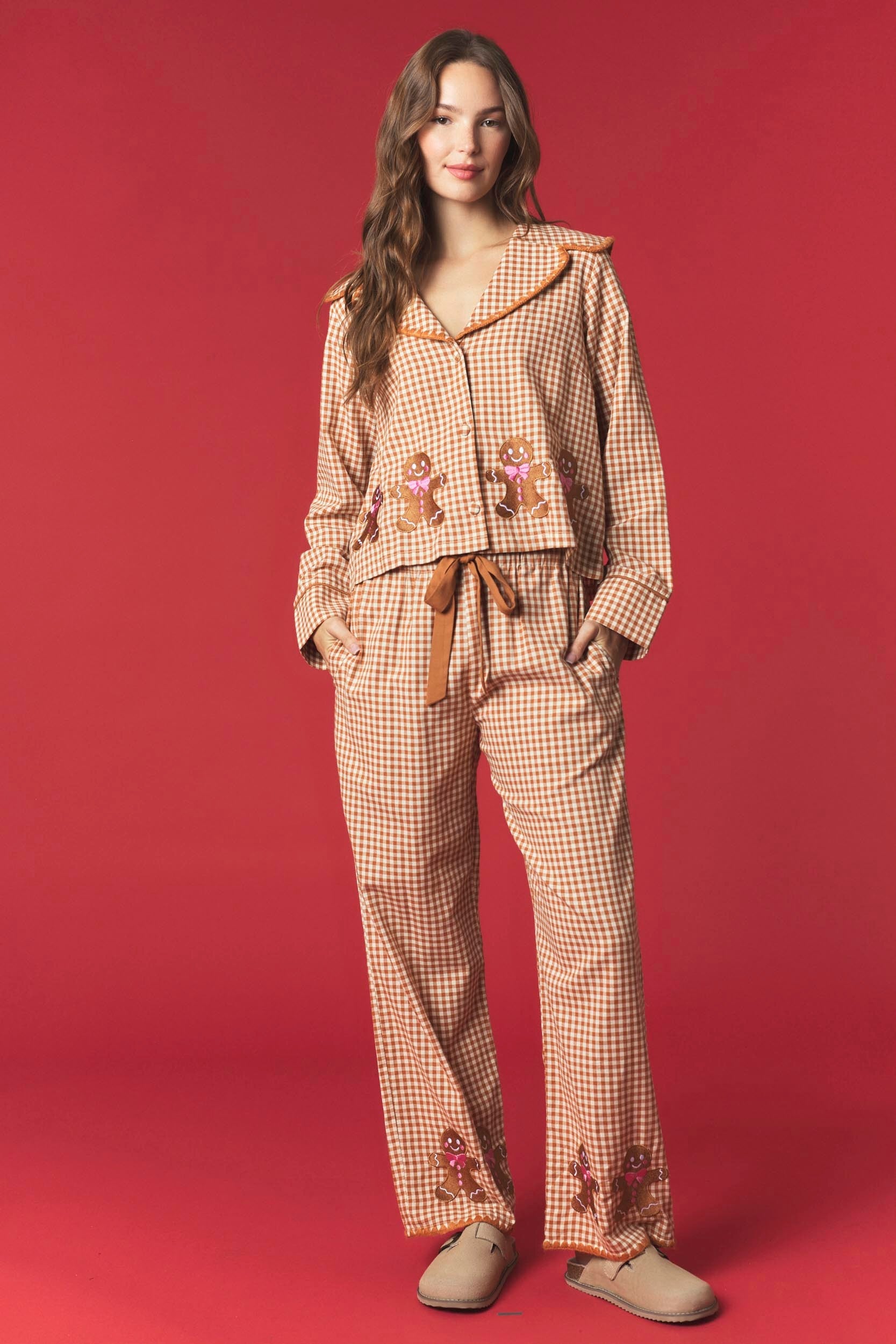 Gingham Gingerbread Embroidery Pajama Set