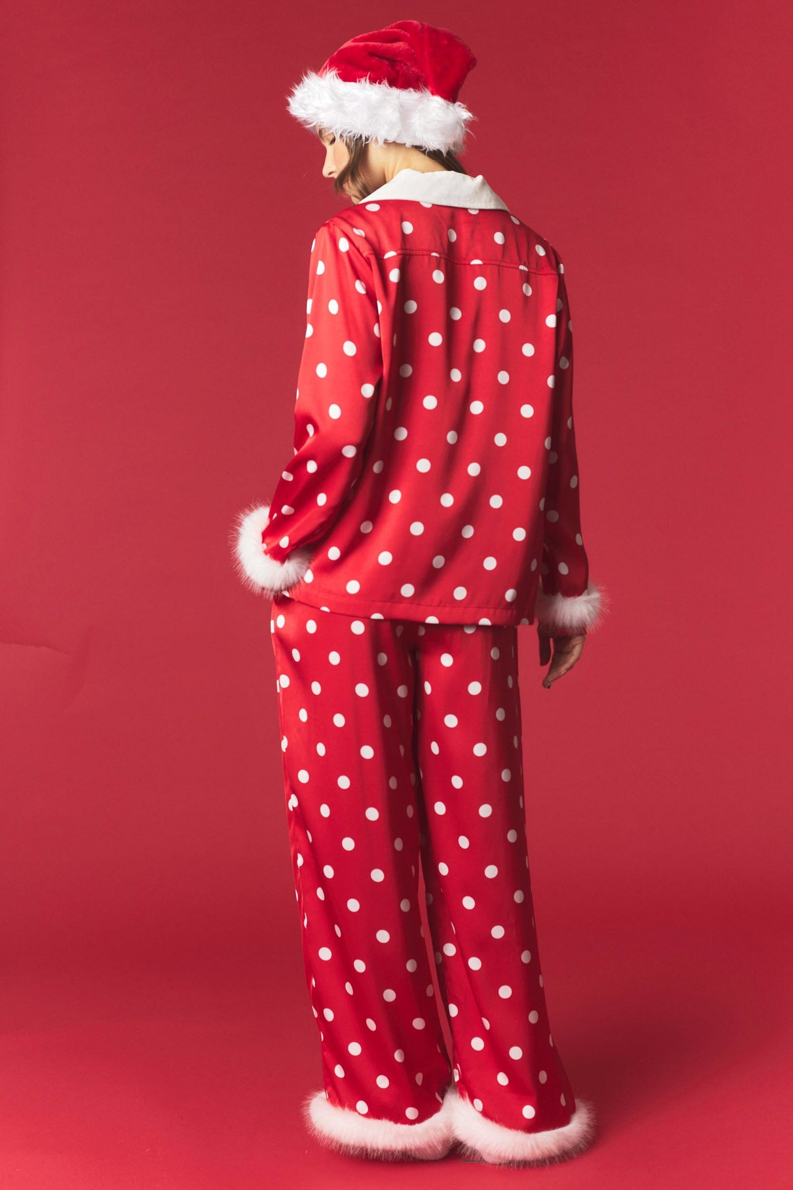 Polka Dot Satin With Fur Pajama Set