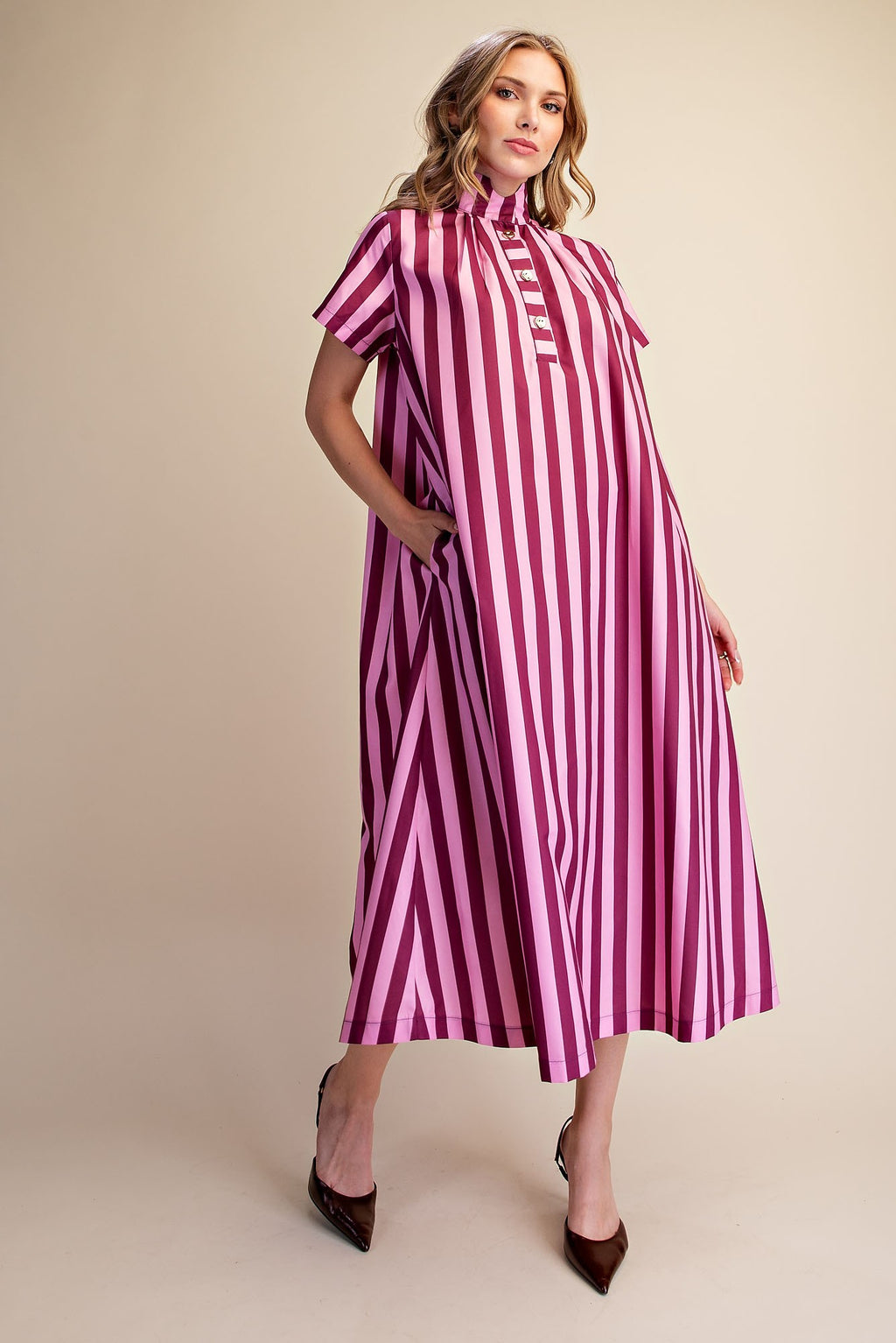 Mila Striped Button Placket Midi Dress