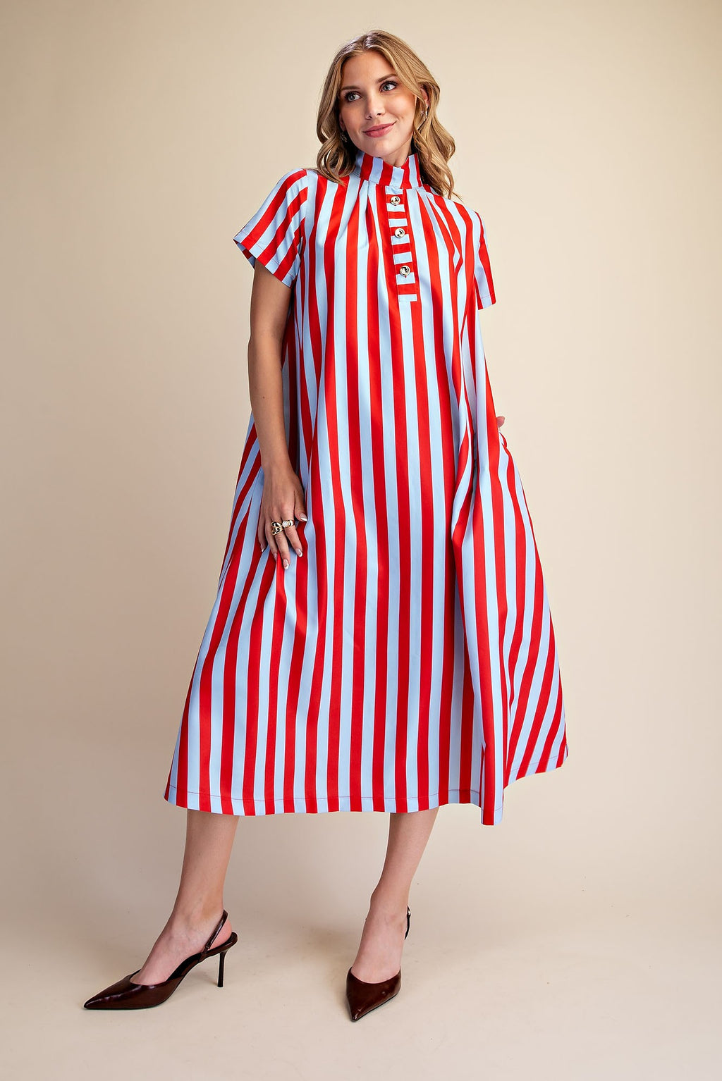 Mila Striped Button Placket Midi Dress