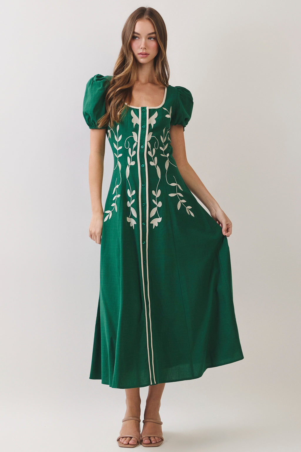 Anna Embroidered Puff Sleeves Midi Dress