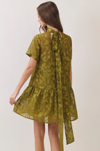 Floral Jacquard Tie-neck Mini Dress