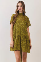 Floral Jacquard Tie-neck Mini Dress