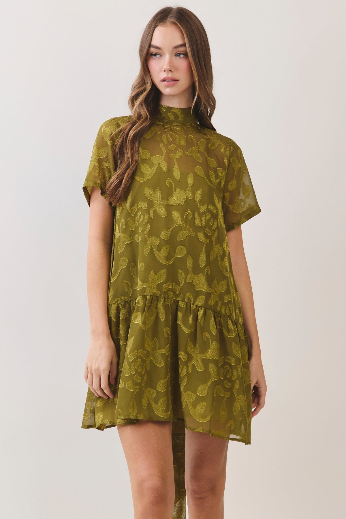 Floral Jacquard Tie-neck Mini Dress