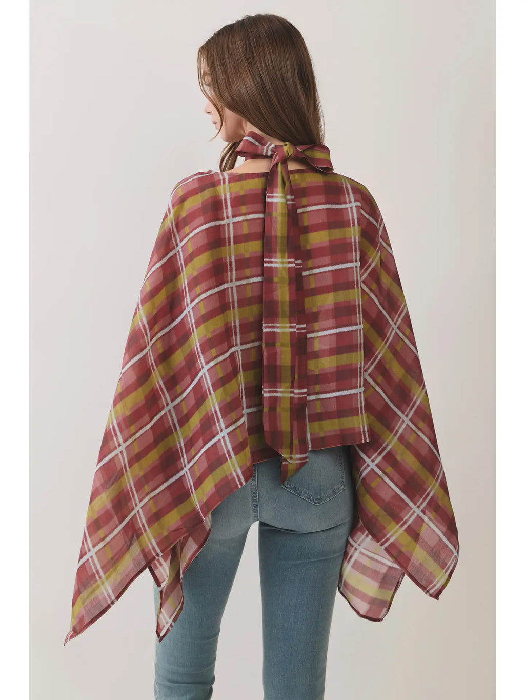 Plaid Scarf Neck Poncho Top