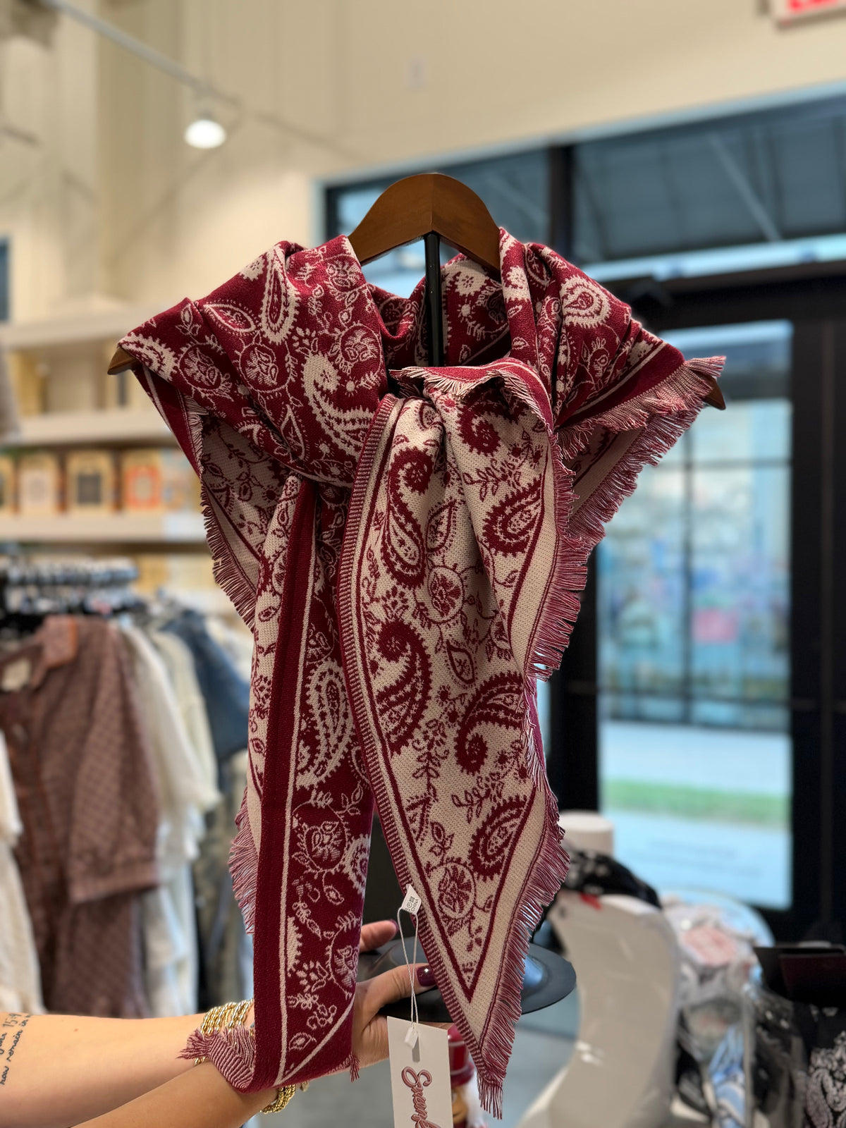 Triangle Paisley Knit Fringed Scarf
