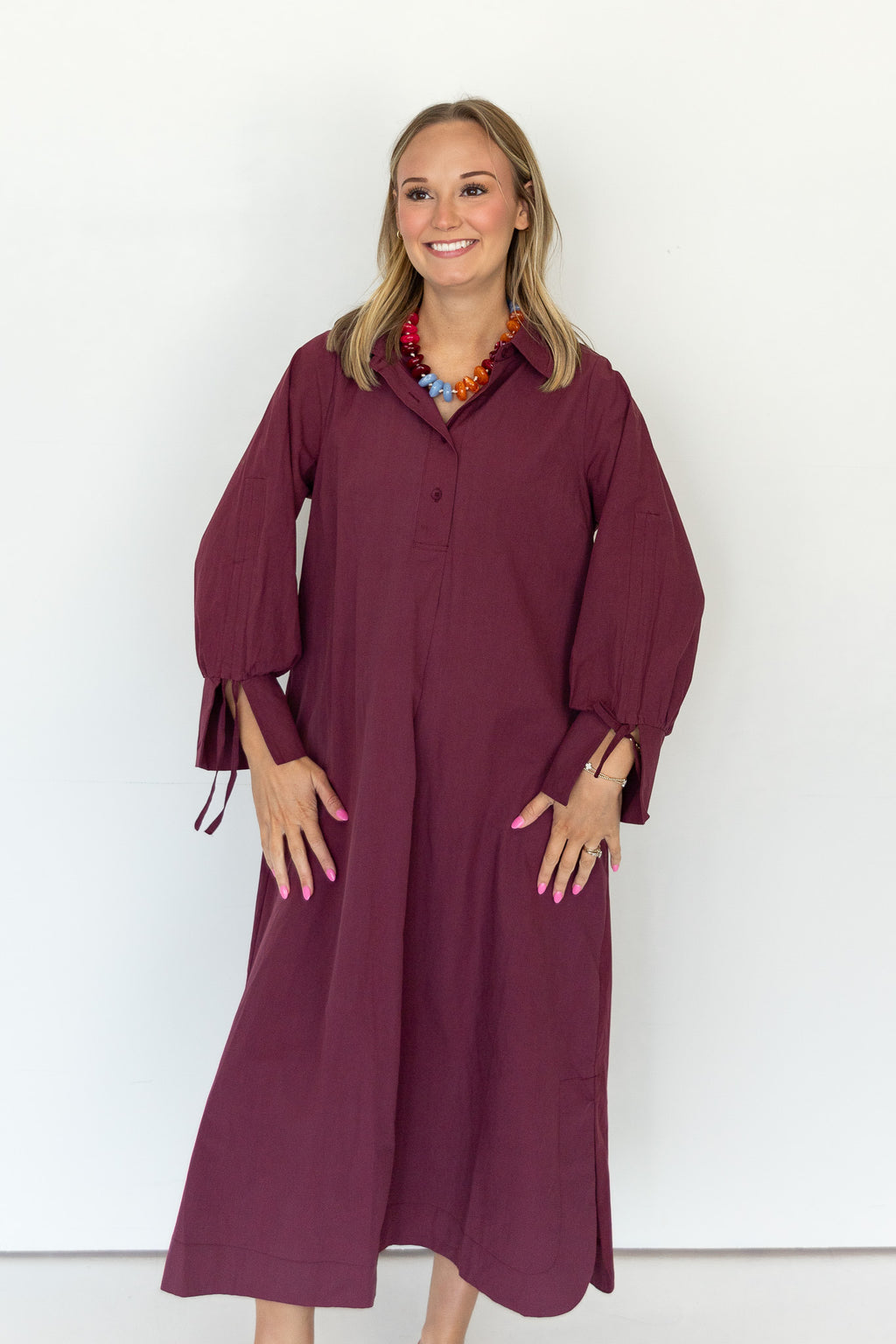 Talia Tie Sleeve Dress in Merlot