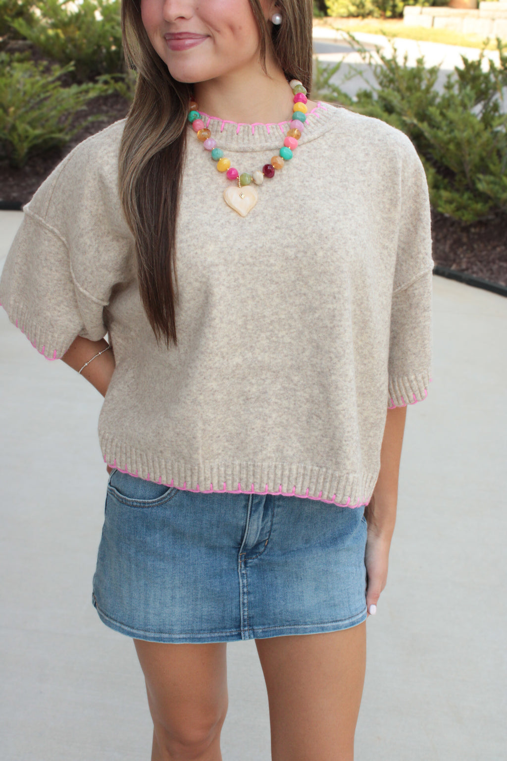 Mabel Stitch Oversized Sweater in Oatmeal/Pink