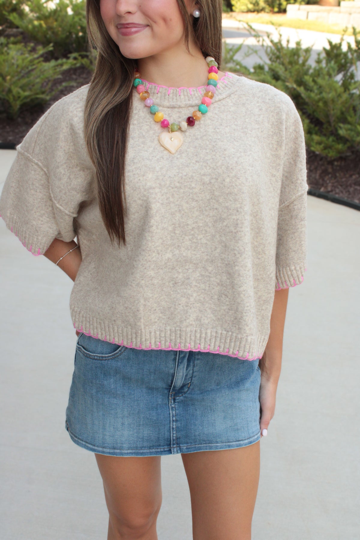 Mabel Stitch Oversized Sweater in Oatmeal/Pink