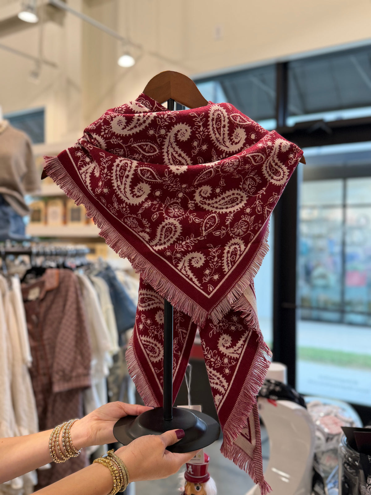Triangle Paisley Knit Fringed Scarf