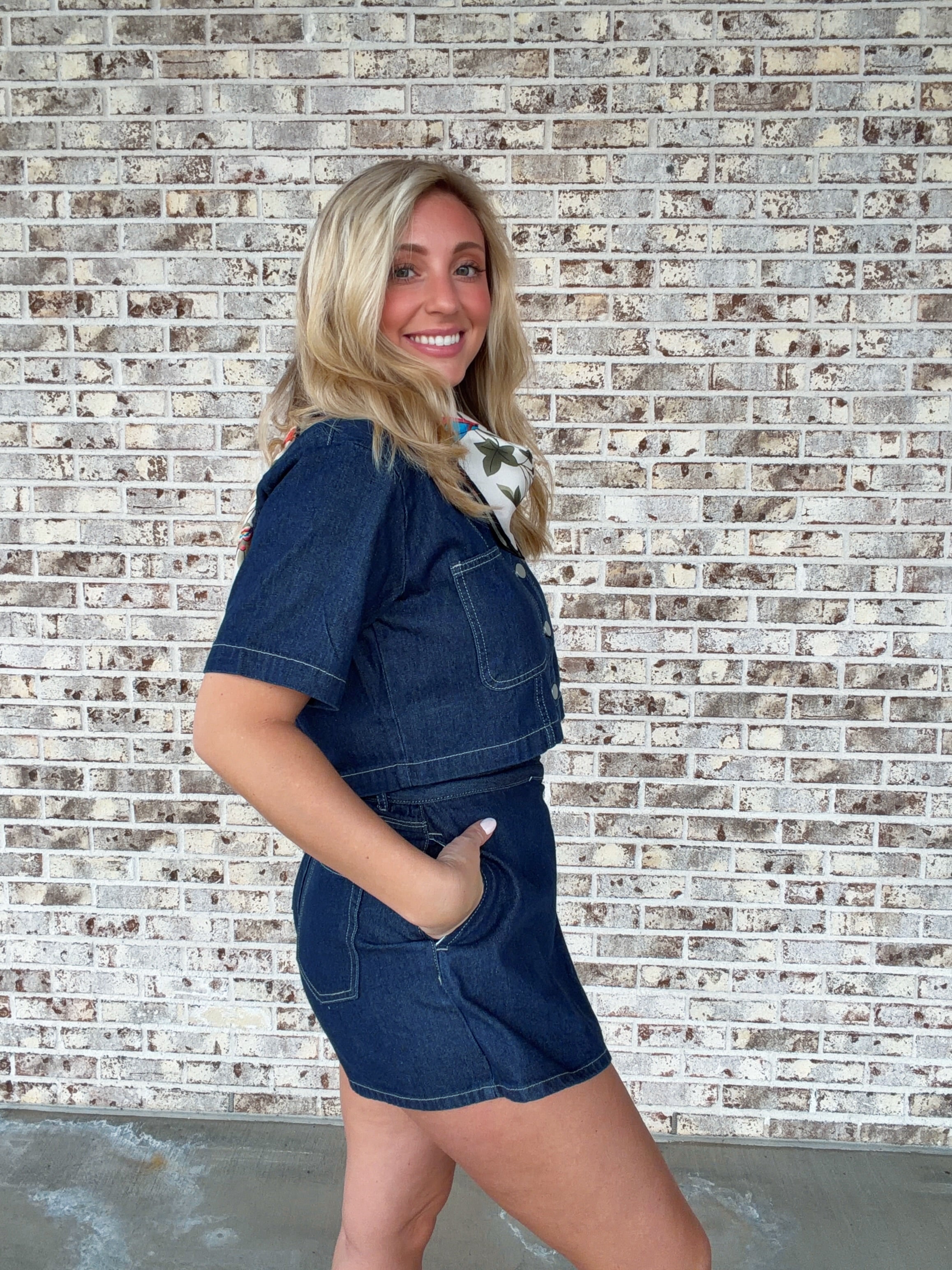 Aryana Denim Collar Shirt And Skort Set
