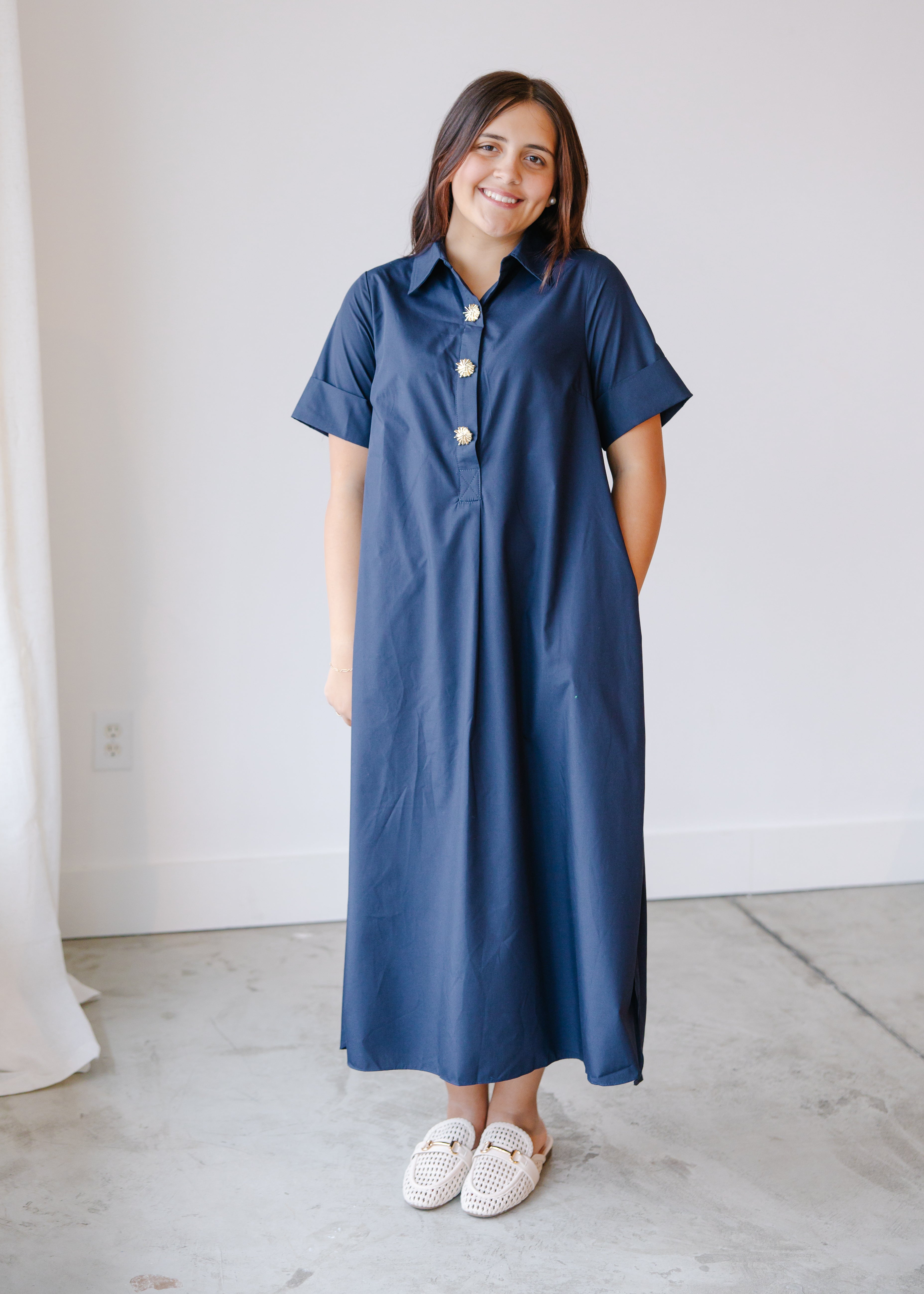 Evelyn Button Front Shirt Midi Dress