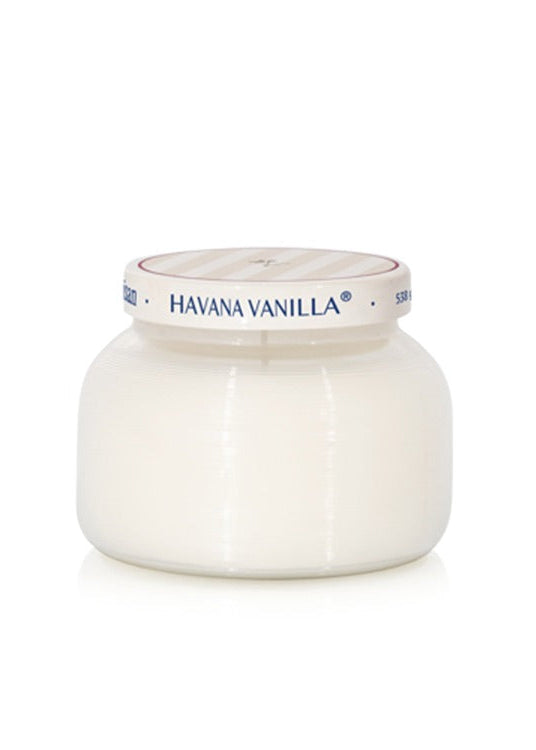 White candle jar with 'Havana Vanilla' label on a white background