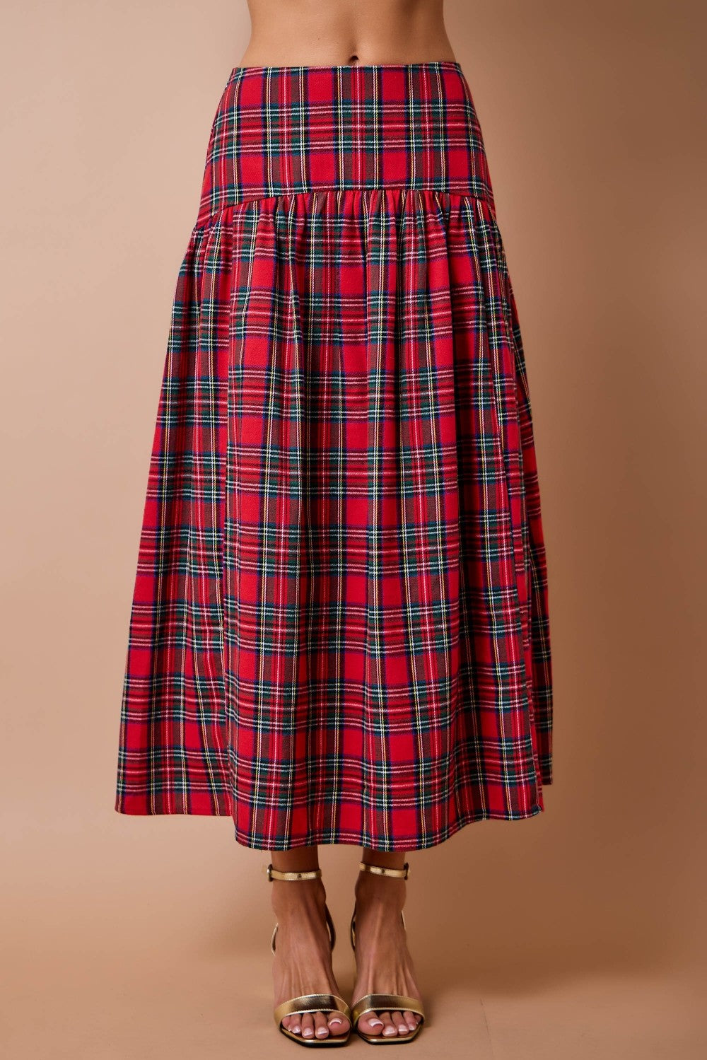 Noelle Plaid Curved-Yoke Maxi Skirt